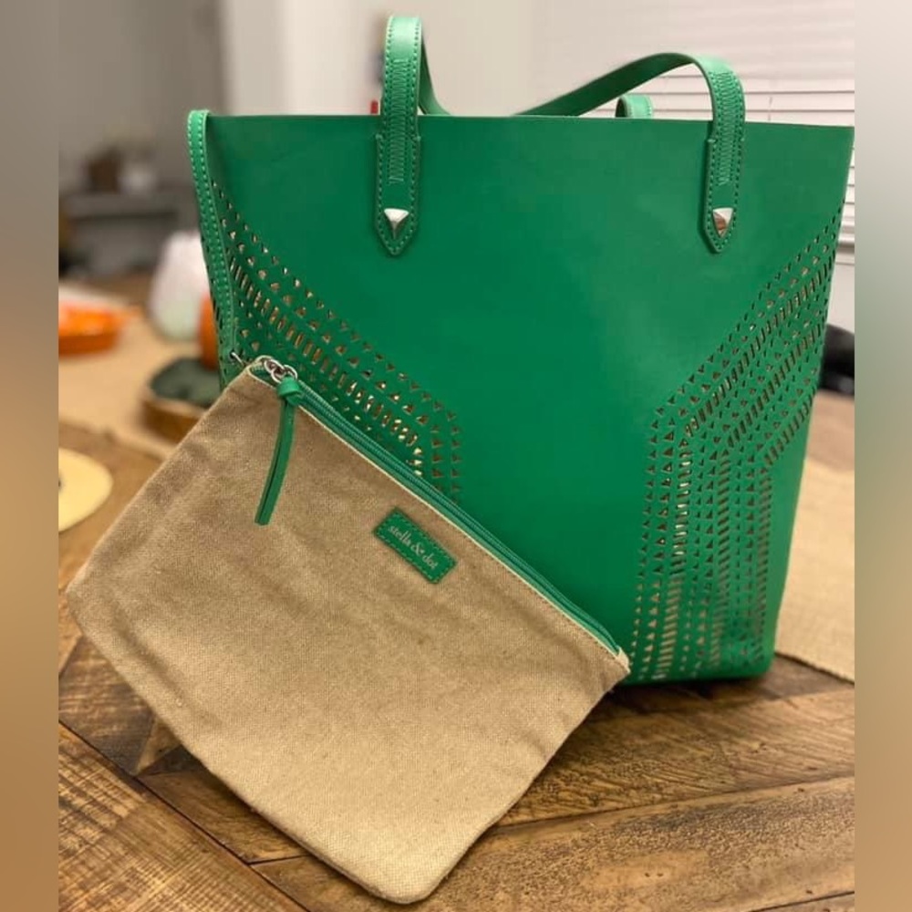 Stella & Dot eyelet green leather tote bag